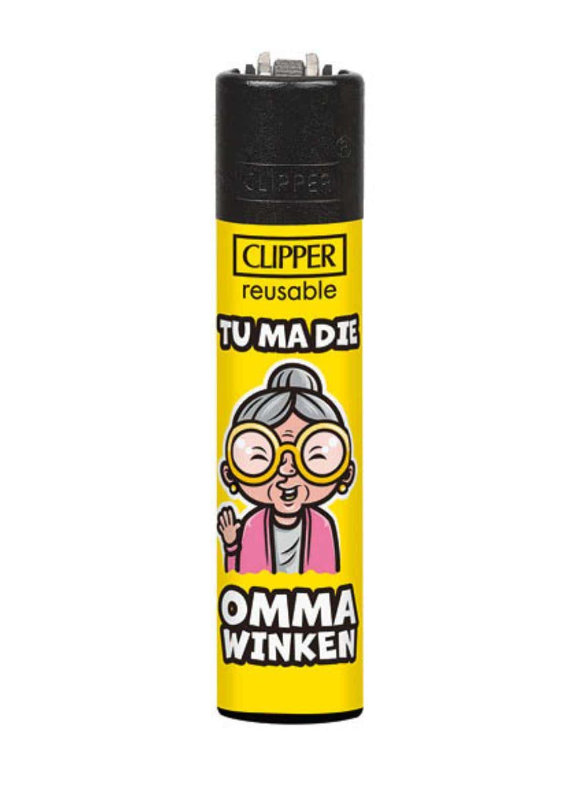 Gelb schwarzes clipper feuerzeug mit cartoon oma illustration und text tu ma die omma winken gothic horror style